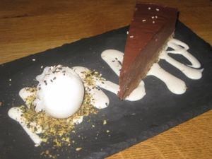 Chocolate cashew cheesecake at Gratitude Restaurant in Munich