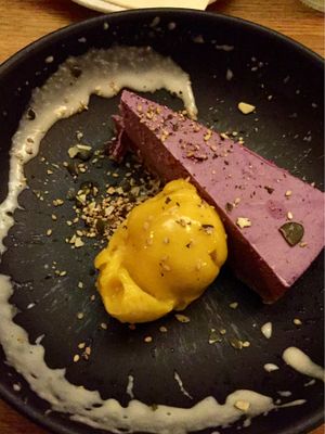 Raw cheesecake from Cashews and Mango ice cream  at Gratitude Restaurant in Munich
