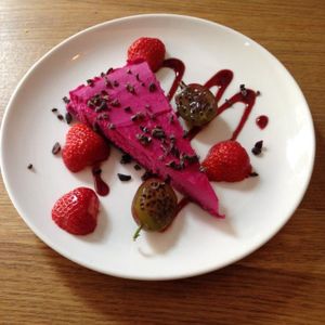 beet root cheesecake with cocoa nibs at Gratitude Restaurant in Munich