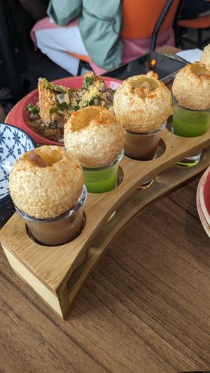 Pani puri (you tip the flavoured water into the puri) at Tikka Nation  in St Albans