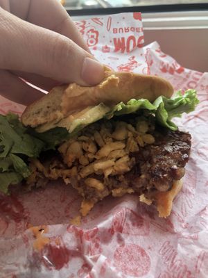Got the vegan cheese burger has fried onions   at Moonburger in New Paltz