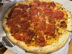 Vegan pepperoni & Italian sausage with vegan cheese!  at Congress Pizza in Ishpeming