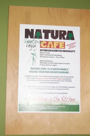 Sustainability cafe info at Natura Cafe in South East London