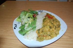 Chickpea and Butternut Squash Stew, salad and rice at Natura Cafe in South East London