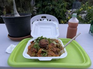 Vegetable stew and watermelon juice   at Oasis Ital and Nursery in Parish Land