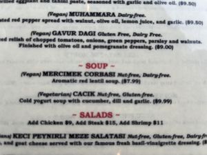 Menu  at Mezè in Washington