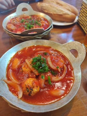 Tofu ball front and mixed pot behind with bread at Eros Vegan Restaurant (Veggie Saigon) in Da Nang