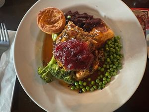 Vegan nut roast with peas, spinach, cabbage, cranberry sauce, carrots, broccoli, vegan Yorkshire pudding,   at The Lamplighter in Northampton