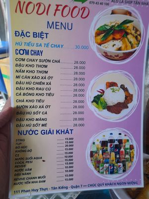 Menu at Nodi Food in Ho Chi Minh City