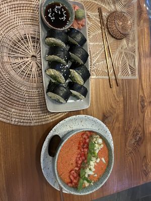 Gazpachio and raw coconut Susi  at Shalimar Restaurant in Koh Phangan