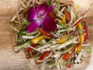 The very popular, vegan noodle bowl with sesame or peanut udon noodles and signature Asian slaw with mango, apple, sweet pepper, cabbage and onion, delicious, and vegan! at Umami Pizza & Fusion in Dennis