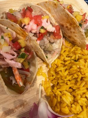 Carnitas tacos made with shiitake mushrooms in a house made ancho chili sauce with classic slaw and pineapple pico de gallo at Umami Pizza & Fusion in Dennis