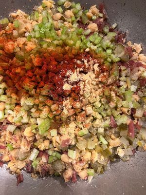 All the fixings that go into our delicious chickpea, tuna wrap! at Umami Pizza & Fusion in Dennis