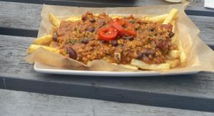 Dirty veggie loaded fries (swapped with vegan cheese)   at The Waterfront in Perranporth