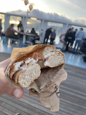 Vegan original bagel with bacon and cream cheese   at Green Bagel Café in Ajaccio