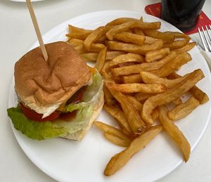 Vegan beef cheeseburger + chips  at Smyth's Fish and Chips in Calpe