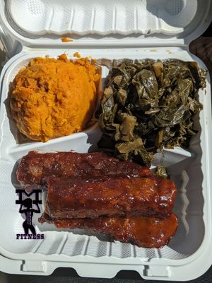 Sweet potato, collard greens, BBQ ribs at Dodah's Kitchen in Waldorf