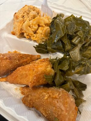 Drummies, collard greens, and Mac n cheese  at Dodah's Kitchen in Waldorf