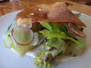 Confit Potato - Cauliflower, Celery, Sorrel, Confit Garlic-Cashew Creme at The Parker in Vancouver