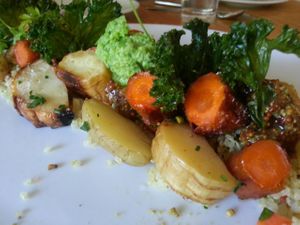 Quinoa - Sofrito, Pistachio Crumble, Raisin Vinaigrette, English Pea Puree at The Parker in Vancouver