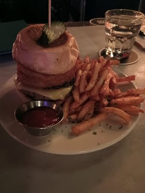 Bacon jam + Onion rings+ gruyere cheese burger at Fortune in Portland
