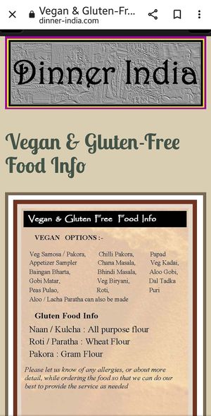 Vegan Menu at Dinner India at Dinner India in Pensacola