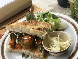 The mushroom ‘meatballs’ sandwich on homemade focaccia   at Phyto Bistro in Nha Trang