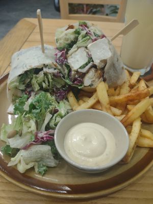 Tofu Cesar wrap 👍🏽👍🏽 with fries and mustard sauce 🤤 at Phyto Bistro in Nha Trang