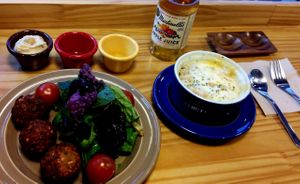 Falafel salad (small but very nice) and garlic chickpea mashed potatoes covered in a thick layer of melted cheese at Jack's Bean in Seoul