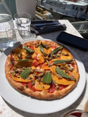 Vegan butternut squash pizza with no honey, added mushrooms.   at Malibu Farm Tiburon in Tiburon