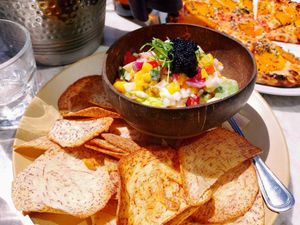 Vegan coconut ceviche with taro chips at Malibu Farm Tiburon in Tiburon
