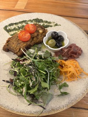 Vegan meatloaf with salad, olives, and pickled veggies   at Hiroshima Neighborly Brewing in Hiroshima