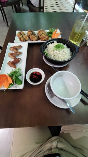 Salty, chilli rice, "meat" pieces and stuffed tofu at Nhà Hàng Chay Bụt Việt in Nha Trang