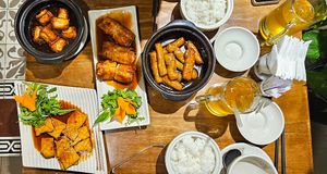 corn spring rolls, stuffed tofu, grilled king oyster mushrooms, tofu skins at Nhà Hàng Chay Bụt Việt in Nha Trang