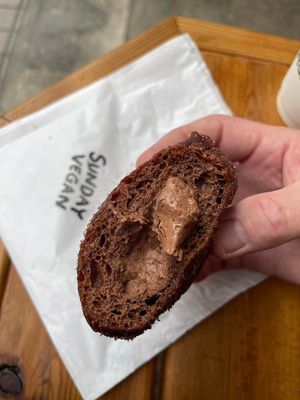 This is the “W Chocolate” donut and the chocolate cream filling was sooooo good. おいしかった  at Sunday Vegan in Tokyo