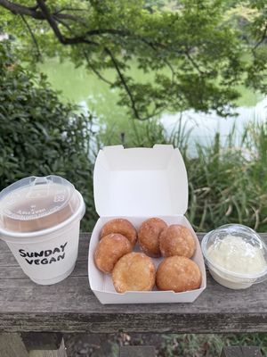 Iced oat latte and plain dippin donuts  at Sunday Vegan in Tokyo