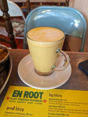 Golden latte at En Root in South West London