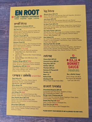 Menu at En Root in South West London