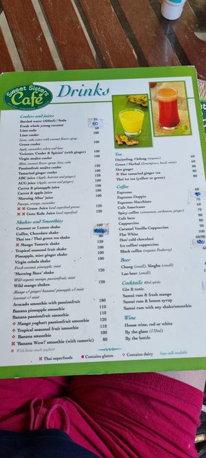 Drinks menu at Sweet Sisters Cafe in Koh Samui