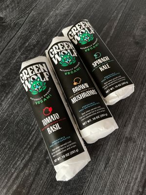 Three flavors of Vegami (vegan salami): tomato basil, brown mushrooms, spinach kale.  at Green Wolf Foods in Campbell