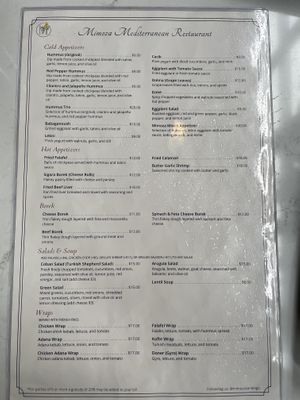 Menu  at Mimoza Mediterranean Restaurant in San Diego
