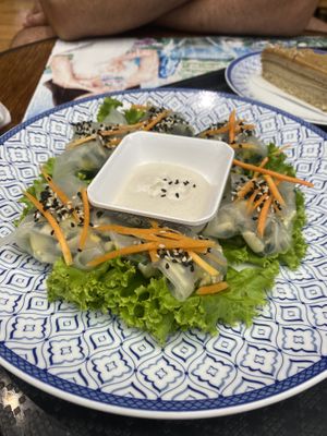 Spinach dumplings and salty caramel cakee  at Healthy Mania - Central Floresta in Phuket