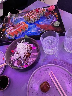 “Viladelphia” and “Mushroom and avocado” sushi. Also “Mushroom takoyaki”.   at Izakaya in Tallinn