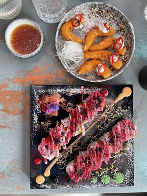 “Tempura Zhrimpz” from starters and “Viladelphia”. You get 10x sushi.   at Izakaya in Tallinn