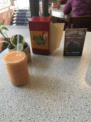 Tropic Thunder: mango, pineapple, banana, and strawberry  at VO2 Vegan Cafe in Cambridge