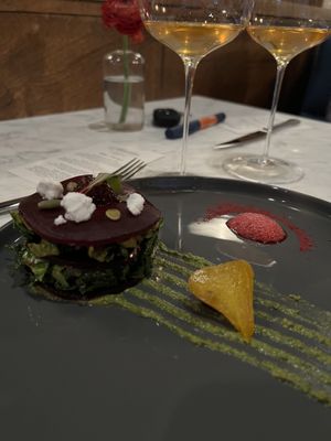 Beets four ways - a beautiful and delicious salad course   at Maiden: Fine Plants & Spirits in Fort Worth