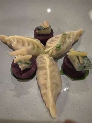 Main course like a pot-sticker and a ravioli this is before the broth  at Maiden: Fine Plants & Spirits in Fort Worth