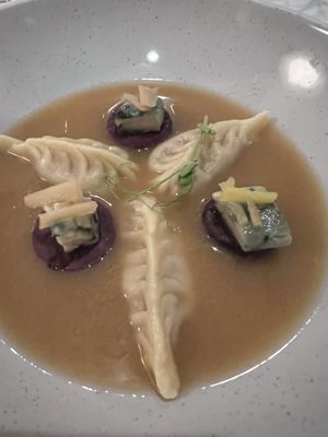 Main course with the broth-sauce  at Maiden: Fine Plants & Spirits in Fort Worth