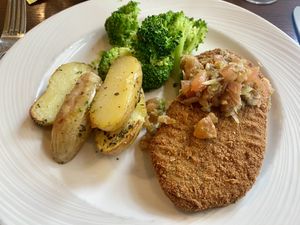 Vegan schnitzel with potatoes and broccoli   at The Glendalough Hotel in Glendalough