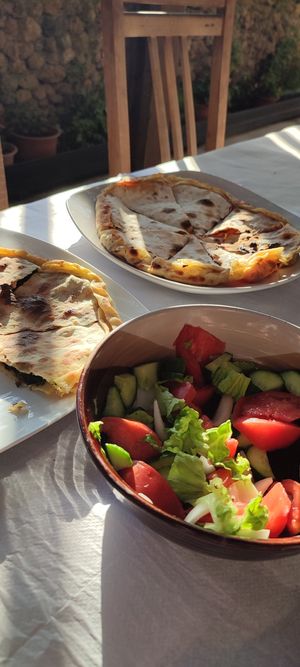 Vegan pies and salad at Te Bujtina Tradicionale in Golem